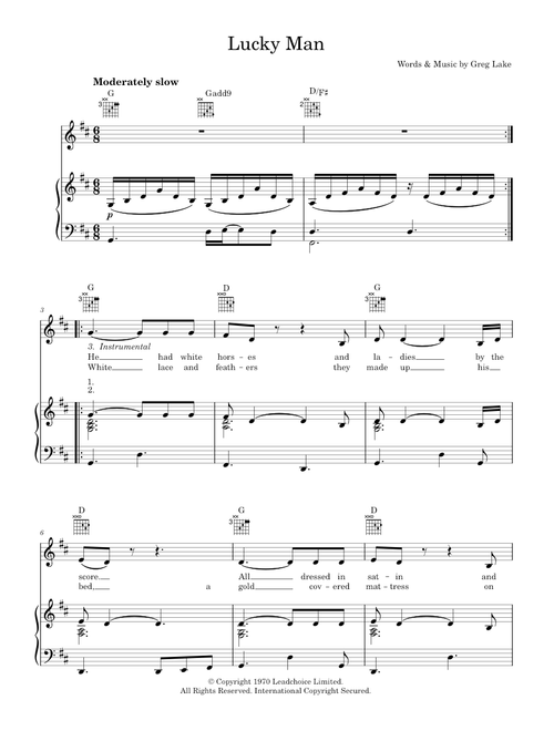 Lucky Man - Emerson, Lake & Palmer (Piano-Vocal-Guitar (Piano Accompaniment))