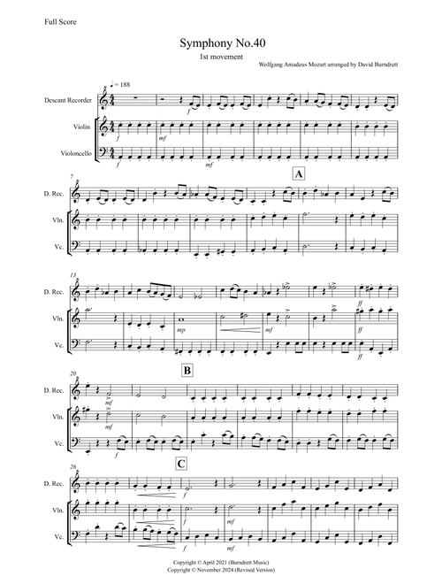 Symphony No.40 (1st movement) for Descant Recorder, Violin and Cello Trio (Arr. David Burndrett) - Wolfgang Amadeus Mozart (Small Ensemble)