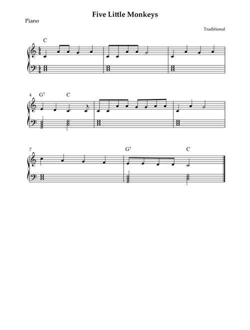 Five Little Monkeys (Arr. Wesley S. SIlva) - Traditional (Piano Solo)
