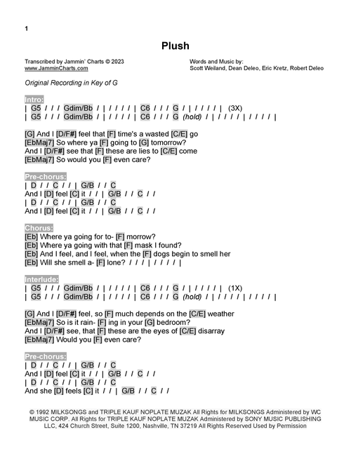 Plush (Arr. Jammin' Charts) - Stone Temple Pilots (Guitar Chords-Lyrics)