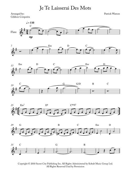 Je Te Laisserai Des Mots (Arr. Gildson Cerqueira) - Patrick Watson (Flute Solo)