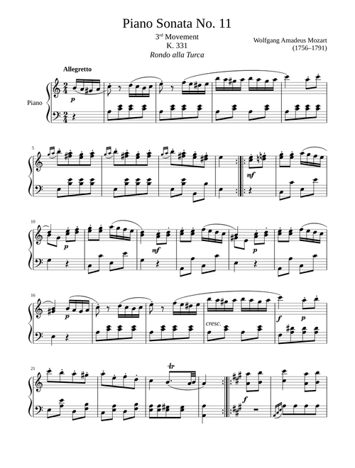 Piano Sonata No. 11 K. 331 3rd Movement, “Rondo alla Turca”
