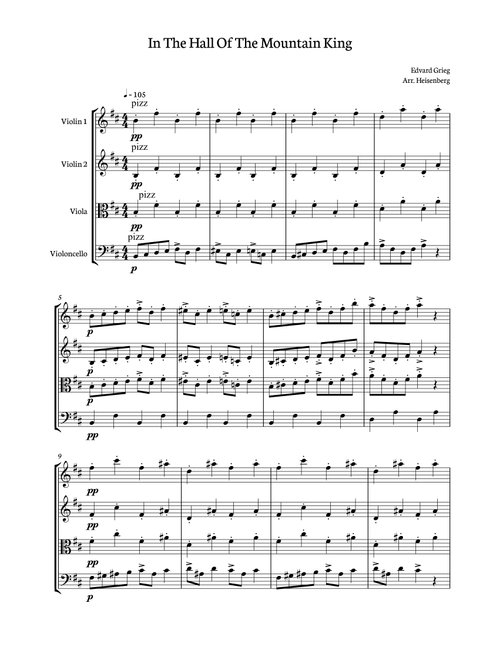 Edvard Grieg - In The Hall of The Mountain King for String quartet. Score and parts included. (Arr. Heisenberg) (String Quartet)