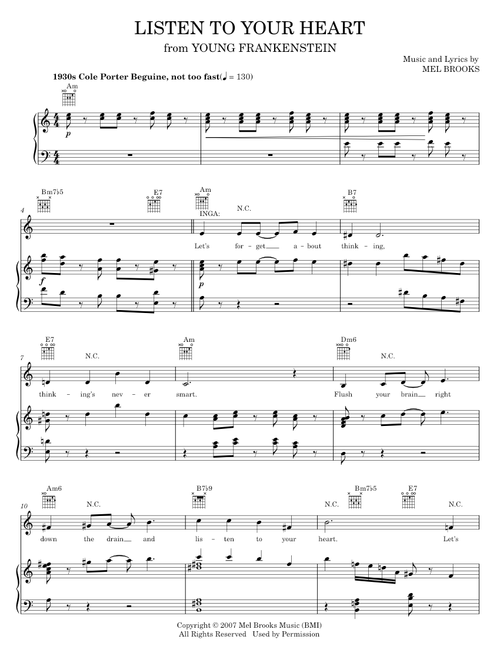 Listen To Your Heart - Mel Brooks, Young Frankenstein Musical (Piano-Vocal-Guitar)