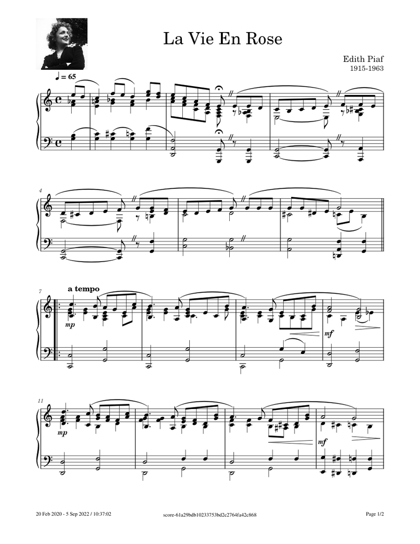 La Vie En Rose – Édith Piaf Sheet Music For Piano (Solo) | Musescore.com