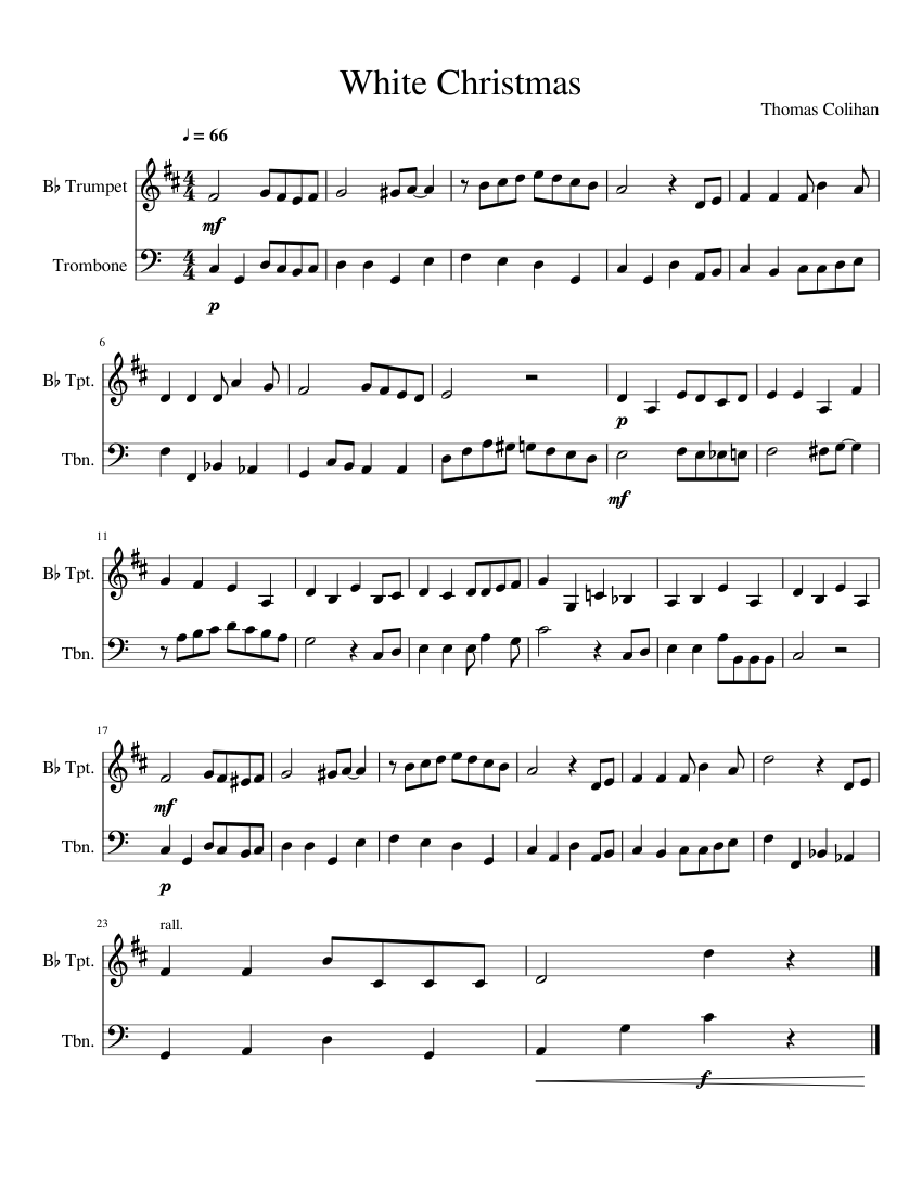 White Christmas Sheet Music for Trombone, Trumpet in b-flat (Brass Duet ...