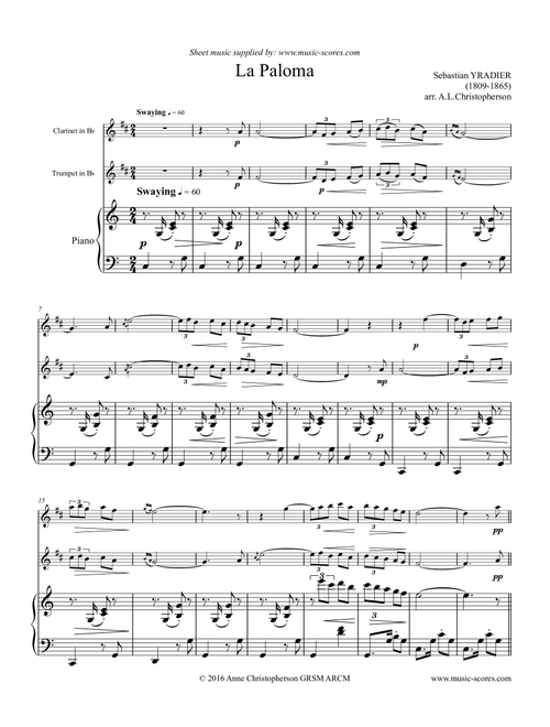 La Paloma - Clarinet, Trumpet and Piano (Arr. Anne L Christopherson GRSM ARCM) - Yradier, Sebastian (Instrumental Duet)