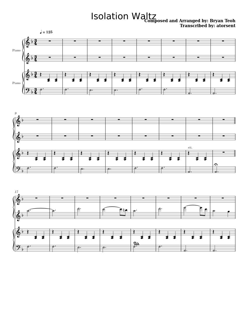 Isolation Music Notes Isolation Waltz – Sleep Facing West Sheet Music for Piano (Piano Four ...