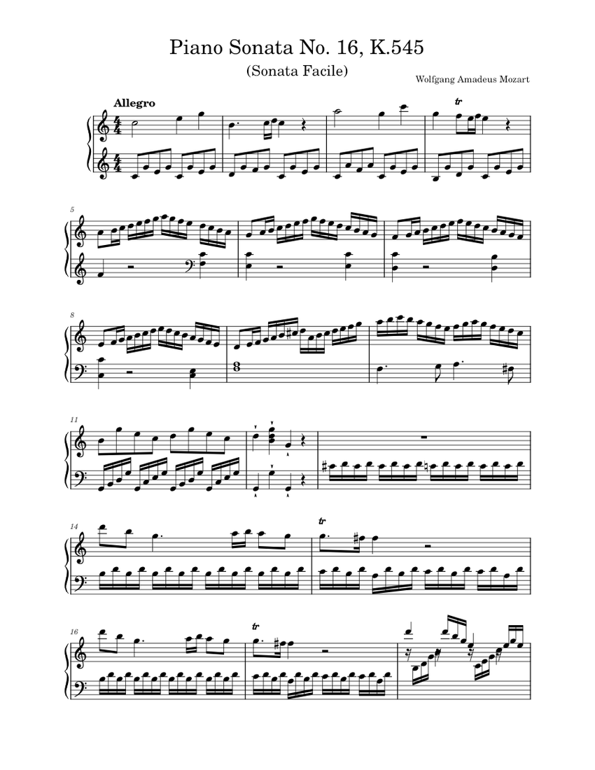 Piano Sonata No.16 in C major, K.545 – Wolfgang Amadeus Mozart Sheet ...