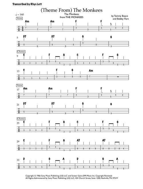 Theme From "The Monkees" (Hey, Hey We're The Monkees) (Arr. Rhys Lett) (Bass Tab)