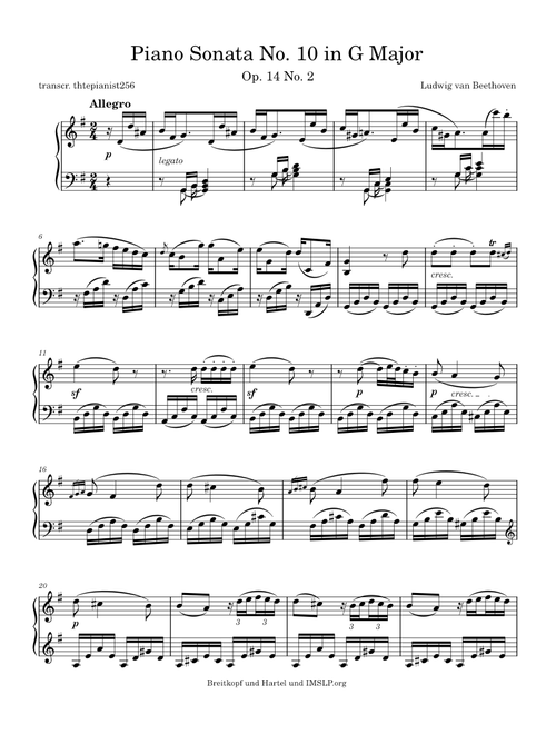 Piano Sonata No. 10 in G Major, Op. 14 No. 2 - Ludwig van Beethoven