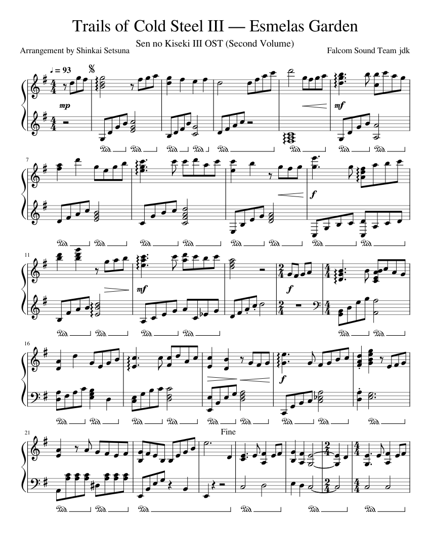 Trails of Cold Steel III –– Esmelas Garden Sheet Music for Piano