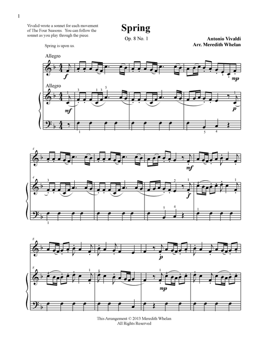 Classical Duets for Recorder & Piano:  Spring from Vivaldi's Four Seasons (Arr. Meredith Whelan) - Antonio Vivaldi (Instrumental Duet)