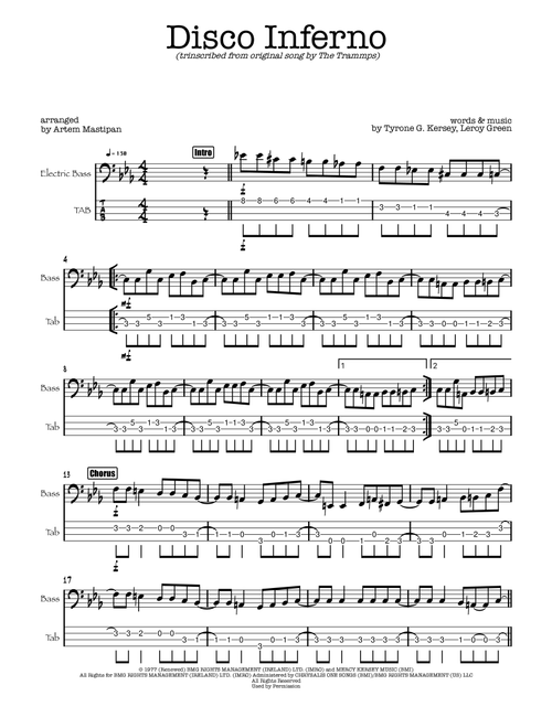 Disco Inferno (Arr. Artem Mastipan) - The Trammps (Bass Tab)