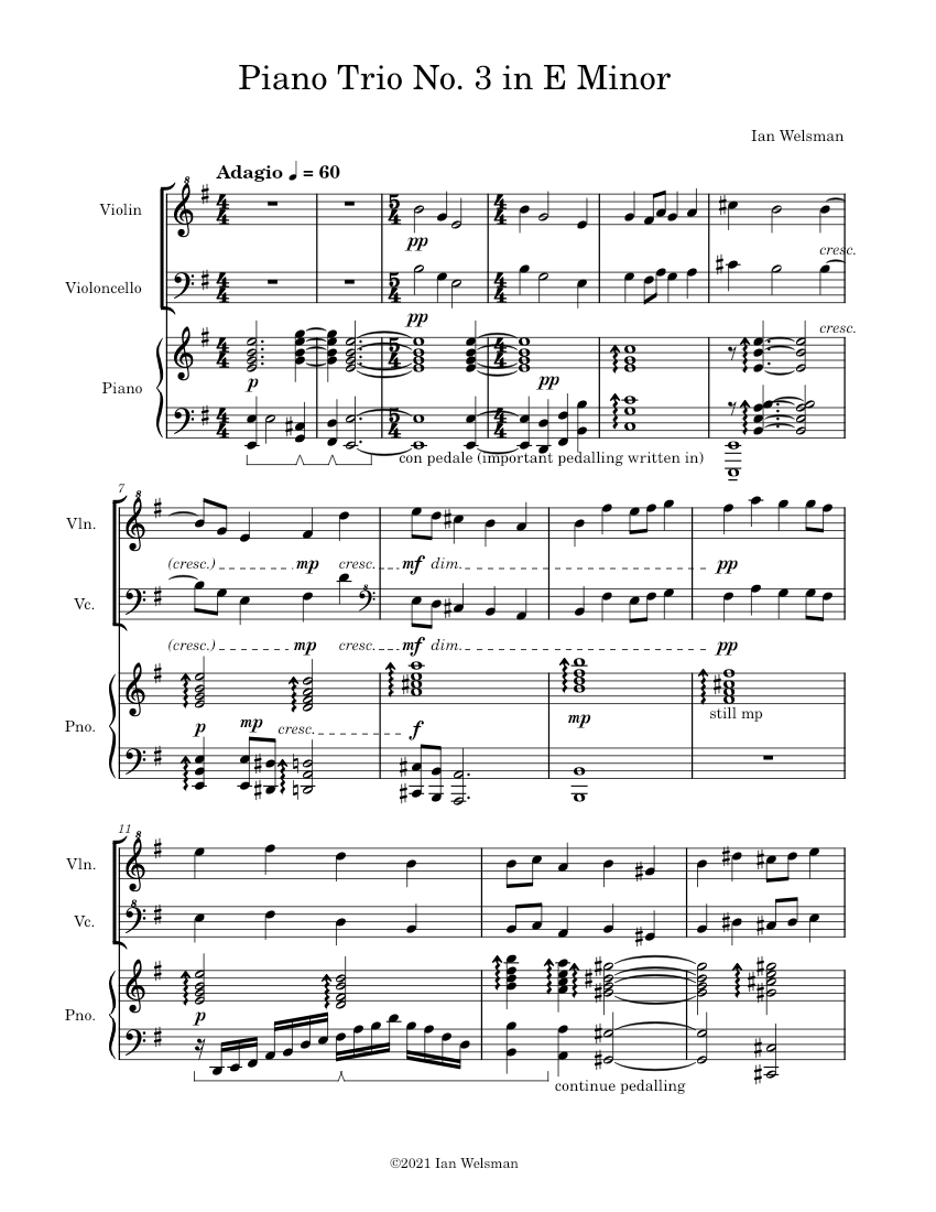 Music Notes Trio Piano Trio No. 3 in E Minor Sheet Music for Piano, Violin, Cello (Piano ...