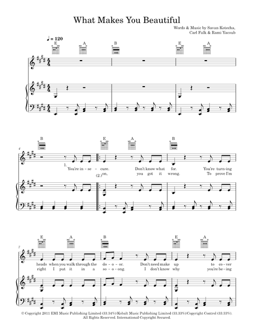 What makes you beautiful - One Direction (Piano-Vocal-Guitar (Piano Accompaniment))