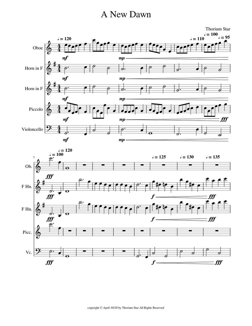 A New Dawn, Music © by Thorium Star 2020 Sheet music for Flute piccolo, Oboe, French horn, Cello