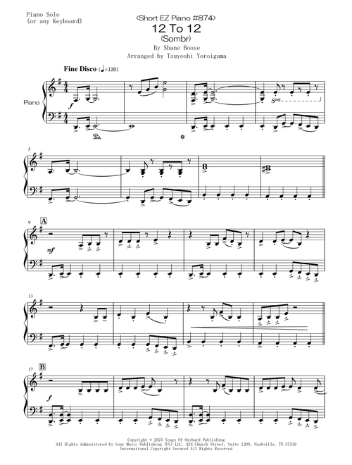 12 To 12 (Arr. Tsuyoshi Yoroiguma) - sombr (Easy Piano)