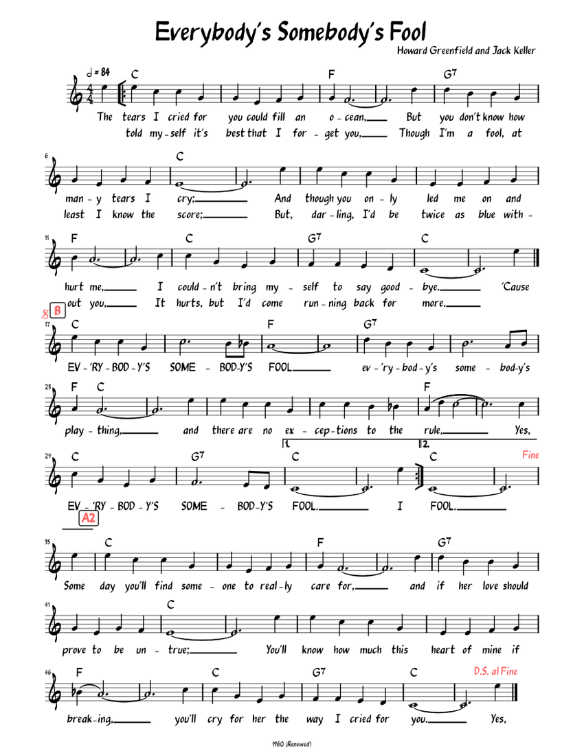 Everybody's Somebody's Fool (Lead sheet with lyrics ) piano tutorial