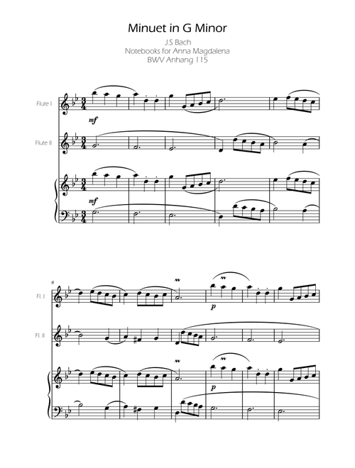 Minuet in G minor BWV Anh. 115 - Bach - Flute Duo (Arr. Ygor Nunes Silva) - Johann Sebastian Bach (Instrumental Duet and Piano)