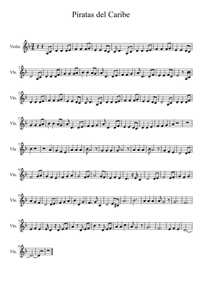 Cúal Subjetivo banco Piratas Del Caribe Sheet music for Violin (Solo) | Musescore.com