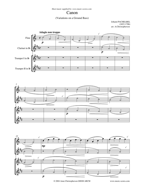 Pachelbel's Canon - Flute, Clarinet, 2 Trumpets - easy (Arr. Anne L Christopherson GRSM ARCM) - Pachelbel, Johann (Small Ensemble)