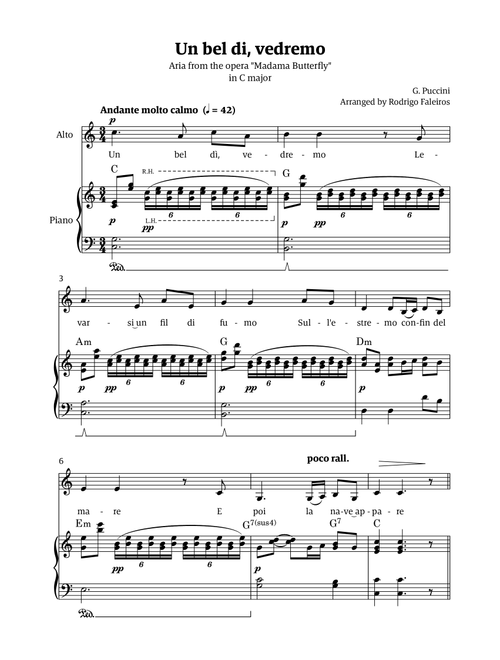 Un Bel Di Vedremo (from Madama Butterfly) - for Alto - in C major (Arr. Rodrigo Faleiros) - Puccini, Giacomo Puccini (Piano Vocal)