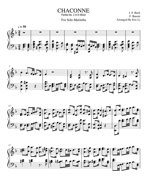 Chaconne from Bach Violin Partita No. 2 in D Minor Arranged for Solo Marimba
