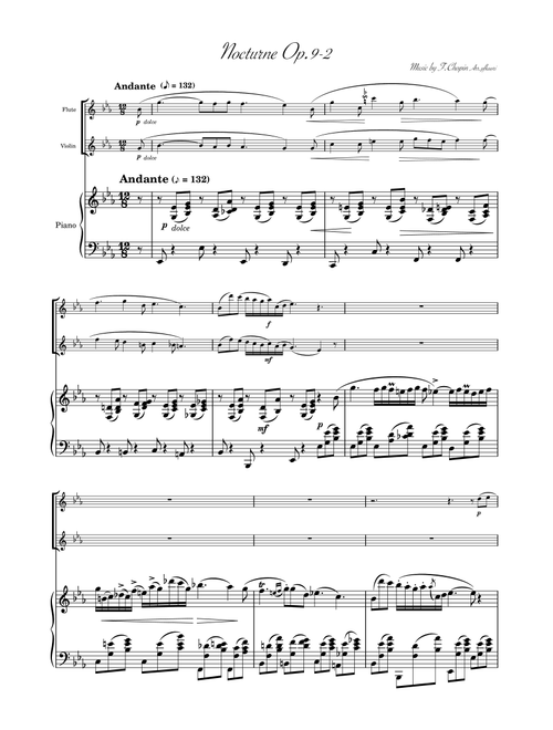 "Nocturne No.2 op.9-2" Piano Trio / Violin & Flute (Arr. pfkaori) - Chopin (Instrumental Duet and Piano)