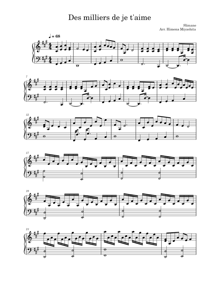 Des milliers de je t #39 aime Slimane (Piano part) Sheet music for Piano