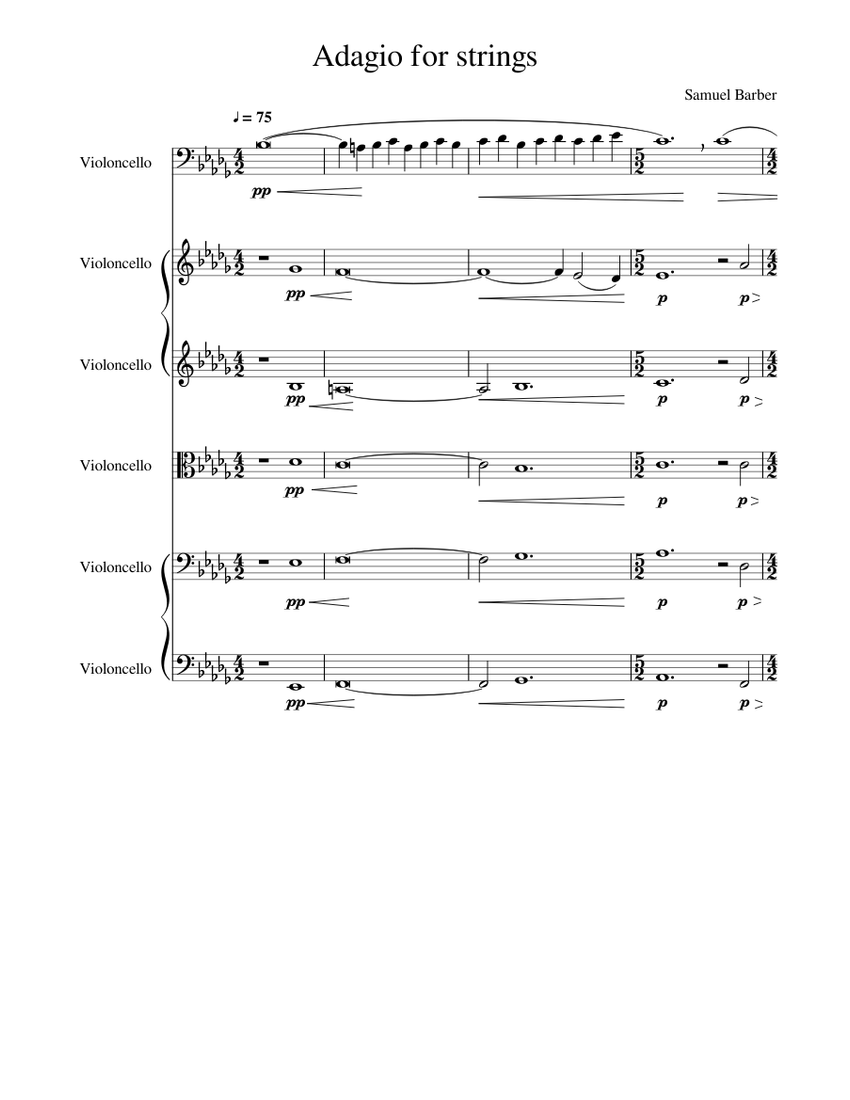 Adagio for strings cellos Sheet music for Contrabass, Cello (String