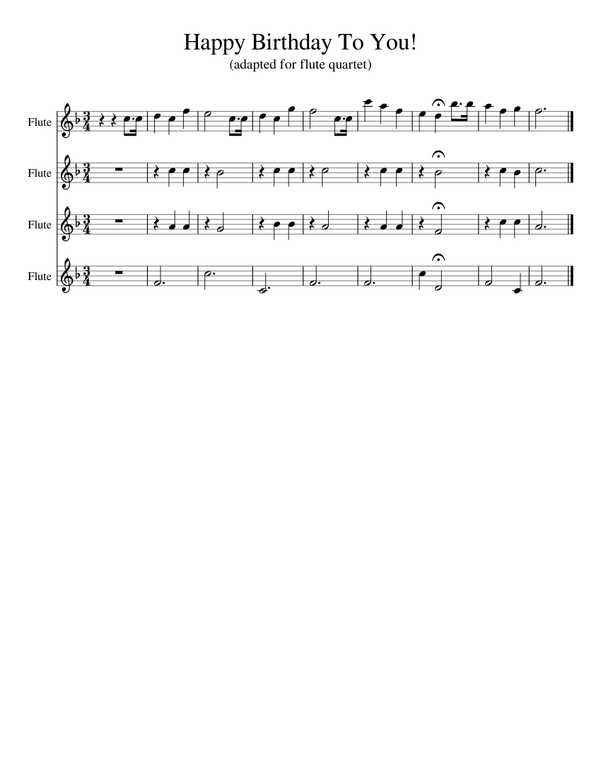 Happy Birthday To You! Sheet Music for Flute (Woodwind Quartet ...