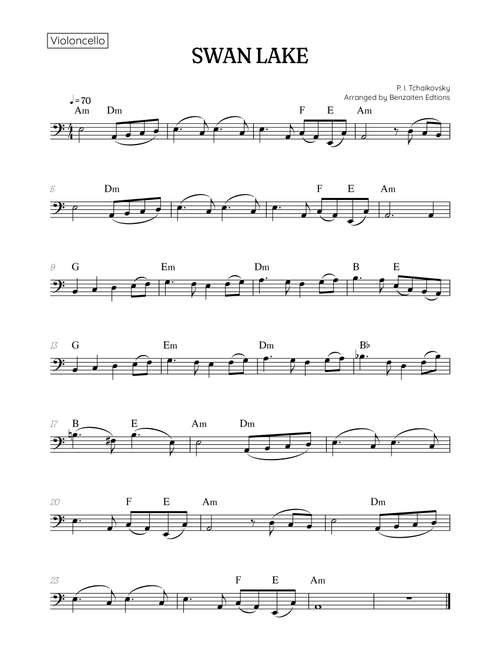 Swan Lake (Theme) • Pyotr Ilyich Tchaikovsky | Cello Sheet Music (chords) (Arr. Benzaiten Editions) - Pyotr Illyich Tchaikovsky (Cello Solo)