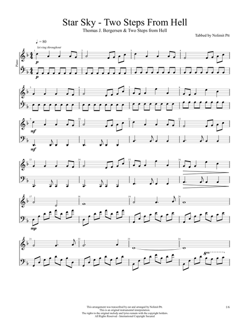 Star Sky - Two Steps From Hell (Arr. Ptt) - Twö Steps From Hell (Piano Solo)