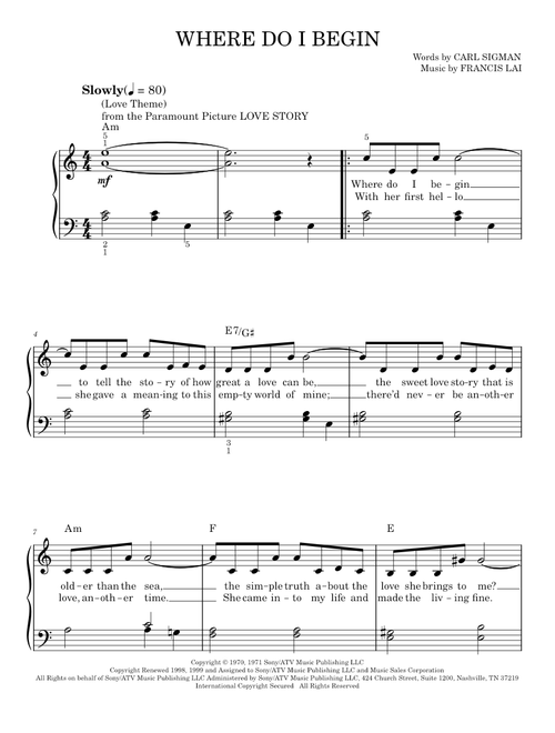 Where Do I Begin (Love Theme) - Andy Williams (Easy Piano)