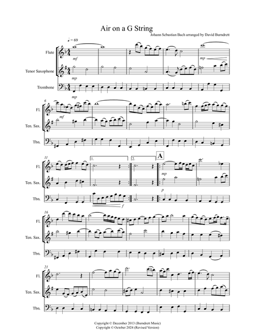 Air on a G String for Flute, Tenor Saxophone and Trombone (Arr. David Burndrett) - Johann Sebastian Bach (Small Ensemble)
