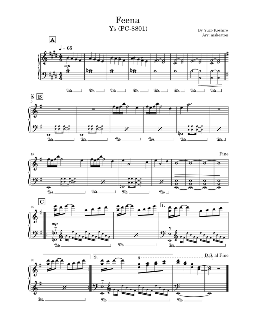 Feena - イース Ys (PC-8801) Sheet Music for Piano (Solo) easy