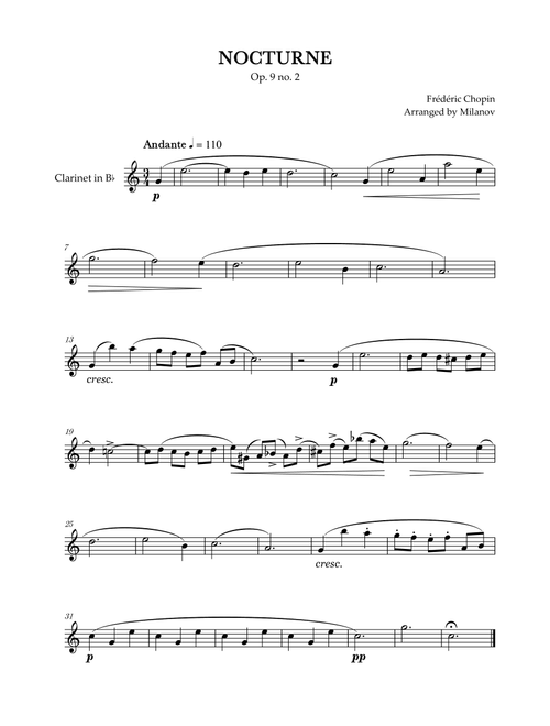 Chopin Nocturne op. 9 no. 2 | Clarinet in Bb | B-flat Major | Easy beginner (Arr. Milanov) - Frédéric Chopin (Clarinet Solo)