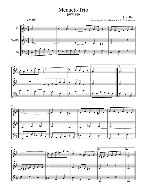 J. S. Bach — Trio for Minuet, BWV 929 — easy arrangement for string trio
