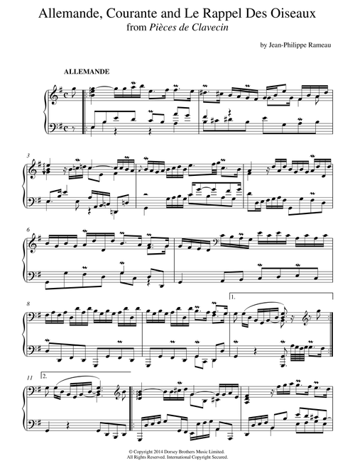 Allemande, Courante and 'Le Rappel Des Oiseaux' From Pieces De Clavecin - Jean-Philippe Rameau (Piano Solo)
