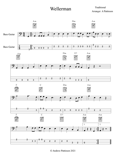 Wellerman for Bass Guitar with Chords and TAB (Arr. Andrew Pattinson) - Traditional (Bass Tab)