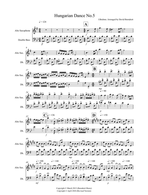 Hungarian Dance (No.5) for Alto Saxophone and Double Bass Duet (Arr. David Burndrett) - Johannes Brahms (Instrumental Duet)