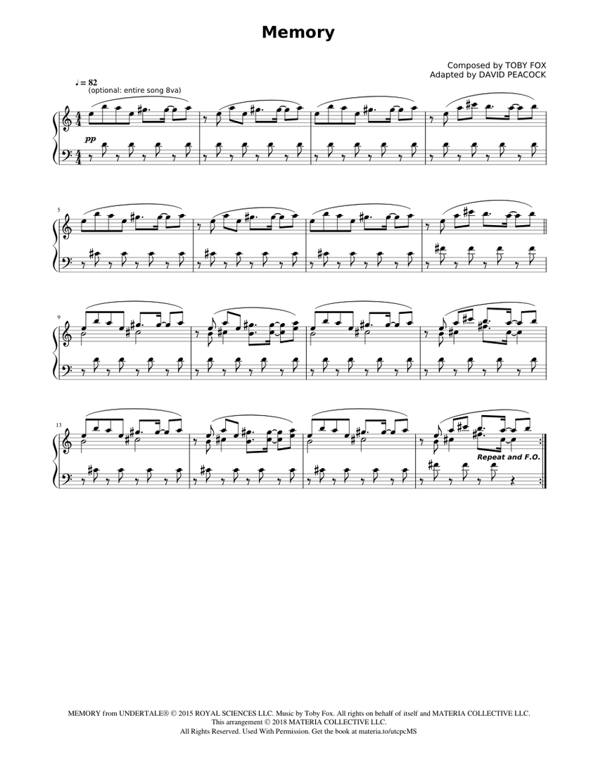 Memory (UNDERTALE Complete Piano Sheet Music) Sheet Music for