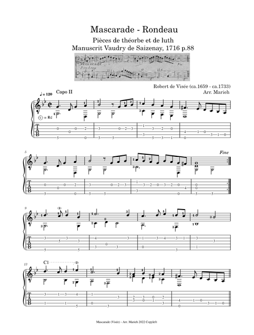 Mascarade – Robert de Visée (ca.1659 - ca.1733) - Tablature