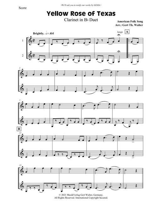 Yellow Rose of Texas (Arr. Gert Th. Walter) - American Folk Song (Clarinet Duet)