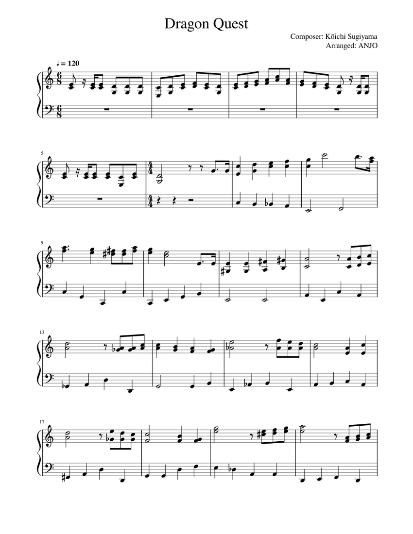 楽譜：ピアノ・れんだん　ドラゴンクエスト（DRAGON QUEST）PartⅣ 序曲「ドラゴンクエスト」 - すぎやまこういち Sheet Music for Piano