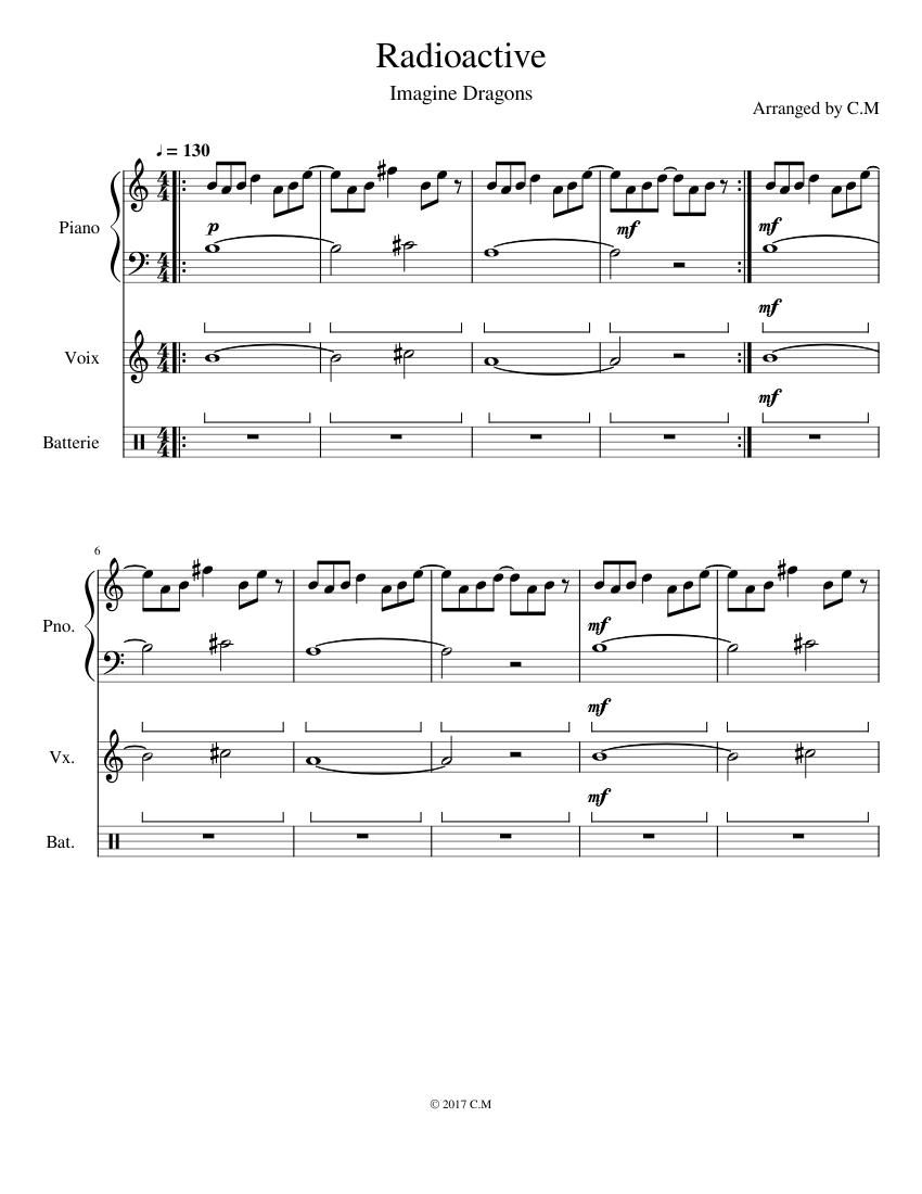 Radioactive Sheet music for Piano, Vocals, Drum group (Mixed Trio