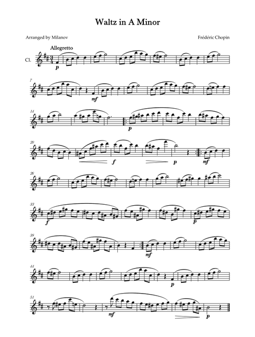 Waltz in A Minor | B. 150, Op. Posth. | Chopin | Clarinet (Arr. Milanov) - Frédéric Chopin (Clarinet Solo)