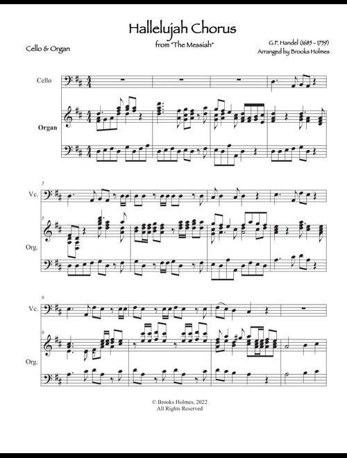 Hallelujah Chorus from "The Messiah" for Solo Cello & Organ (Arr. Brooks Holmes) (Cello and Piano)