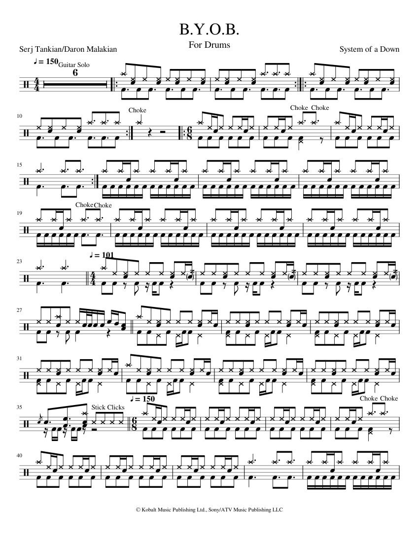 B.Y.O.B. by System of a Down Drum Set Sheet Music Sheet music for Drum
